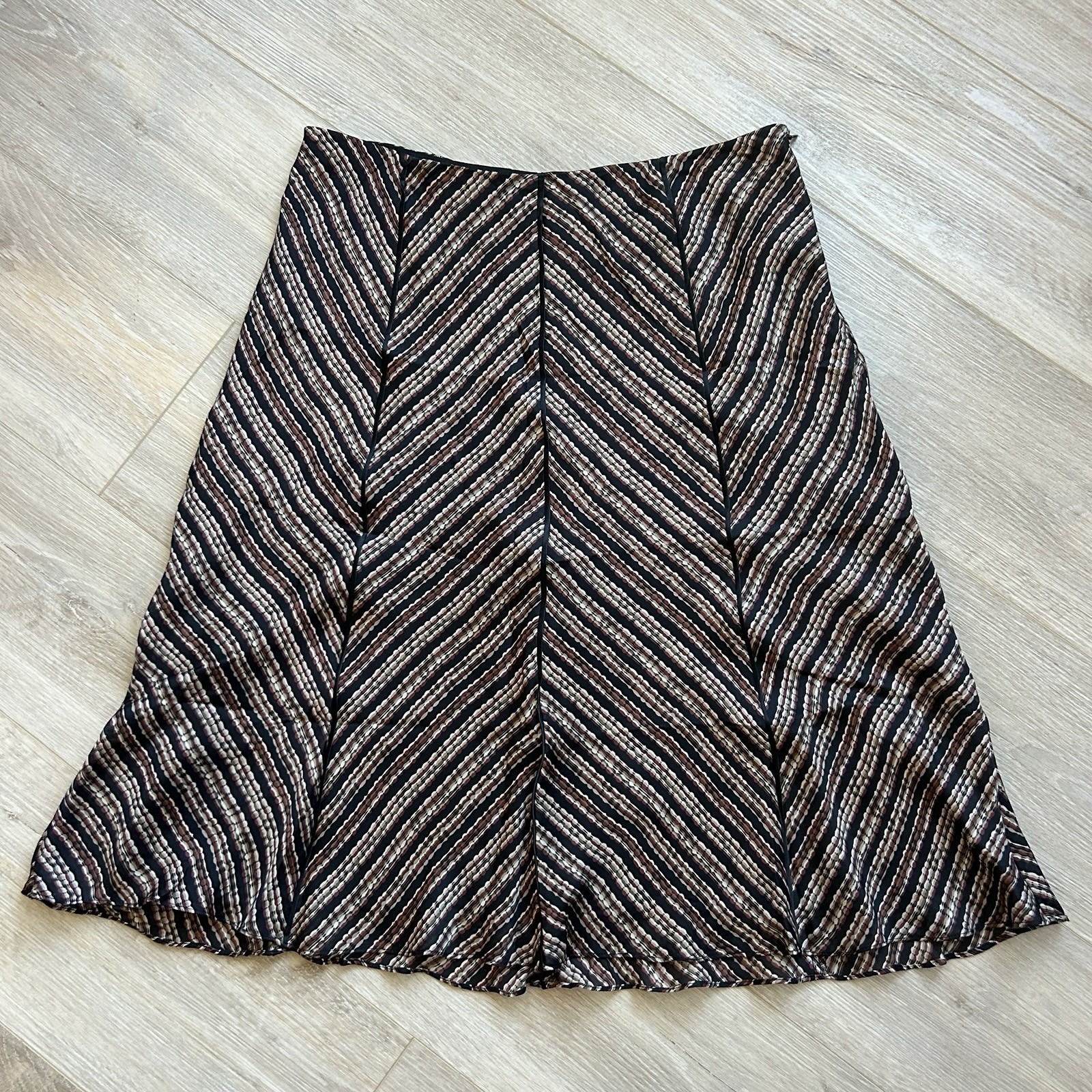 Alfani 100% Silk Size 10 A-Line Panel Midi Skirt Brown And Black Herringbone